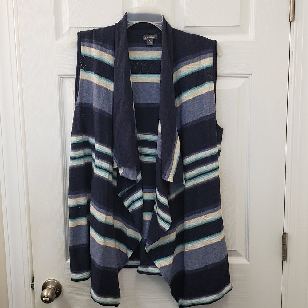 Eddie Bauer, blue white, sleeveless open drape vest cardigan, XL
